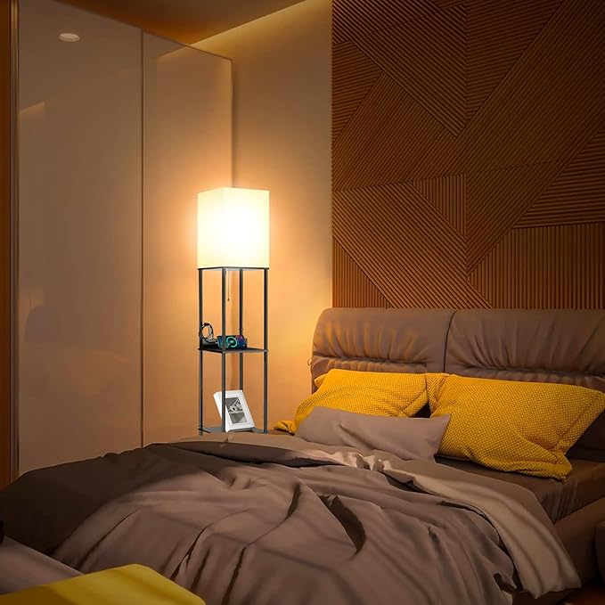 2 Packs Floor Lamp w. Shelves Including 2AC Outlets & 2USB Ports 9W LED Light Bulb 3 Color Temperature Soft/Cool/Daylight White w. 2PCS Acrylic Photo Frame for Living Room/Bedroom - LeafyLoom