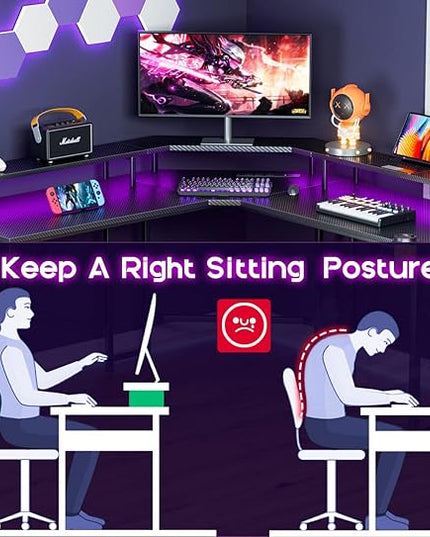ODK L Shaped Gaming Desk with LED Lights & Power Outlets, 51" Computer Desk with Full Monitor Stand, Corner Desk with Cup Holder, Gaming Table with Hooks, Black Carbon Fiber - LeafyLoom