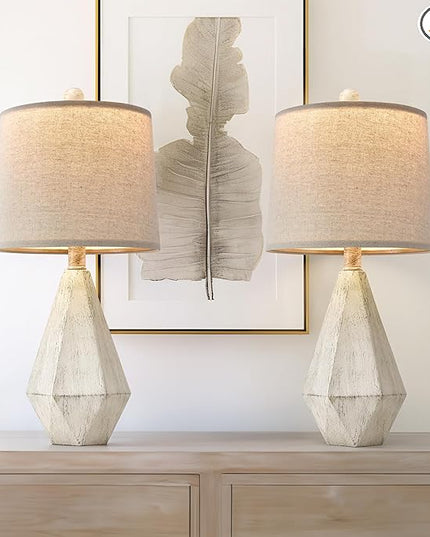 PoKat 20.25'' Table Lamp Set of 2, Bedside Lamp for Nightstand, Small Lamp for Bedroom, Bedroom Lamps for Living Room, Farmhouse Lamp for Nursery, White - LeafyLoom