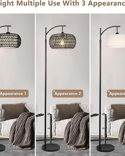 Arc Floor Lamp with 3 Color Temperatures, Dimmable LED Black Floor Lamp with Remote Control, Boho Standing Lamp with Rattan Wicker Shades, Farmhouse Tall Pole Lamp for Living Room Bedroom - LeafyLoom
