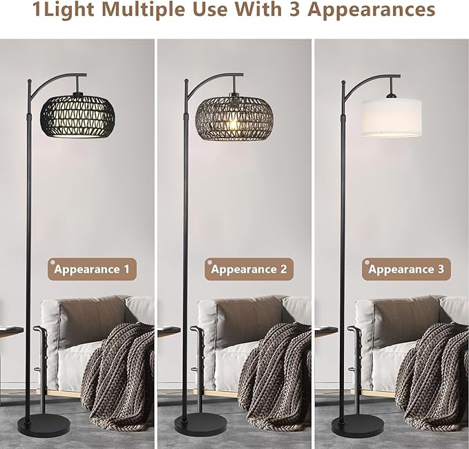 Arc Floor Lamp with 3 Color Temperatures, Dimmable LED Black Floor Lamp with Remote Control, Boho Standing Lamp with Rattan Wicker Shades, Farmhouse Tall Pole Lamp for Living Room Bedroom - LeafyLoom