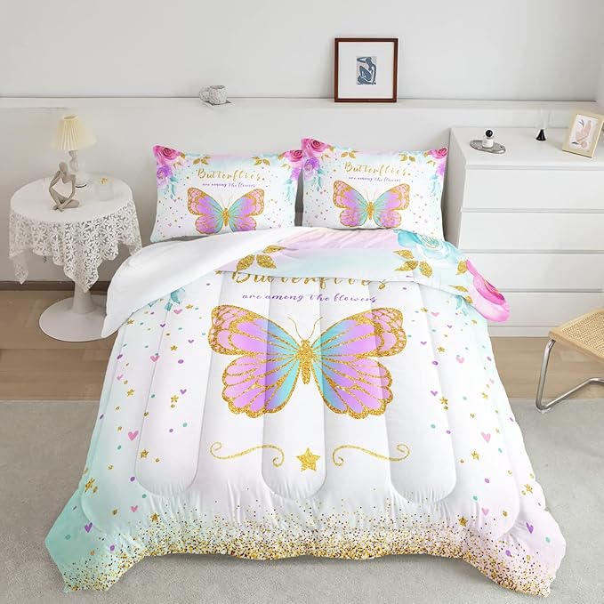 CVHOUSE Butterfly Bedding Set,Butterfly Comforter King,Butterfly Comforter Set for Girls Kids Teens,Butterflies Quilt Set with 1 Comforter and 2 Pillow Cases- 3 Piece - LeafyLoom