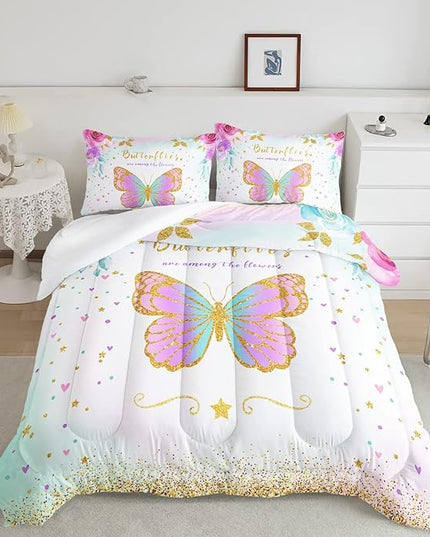 CVHOUSE Butterfly Bedding Set,Butterfly Comforter Queen,Butterfly Comforter Set for Girls Kids Teens,Butterflies Quilt Set with 1 Comforter and 2 Pillow Cases- 3 Piece - LeafyLoom