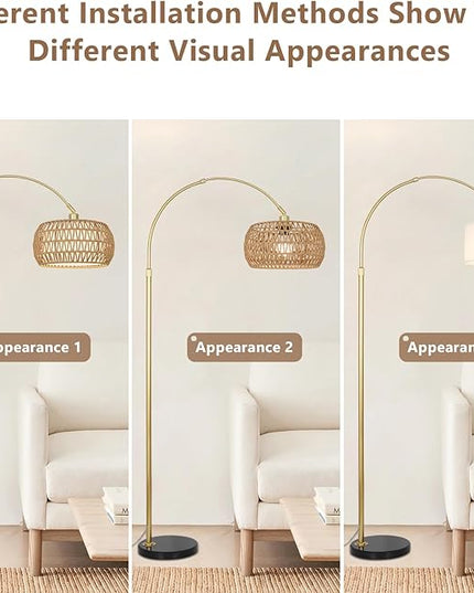 Gold Floor Lamps for Living Room, Arc Floor Lamp with Remote & Dimmable Bulb, Boho Rattan Standing lamp with 3 Color Temperatures, Height Adjustable Tall Lamp for Bedroom, Over Couch Reading Lamp - LeafyLoom