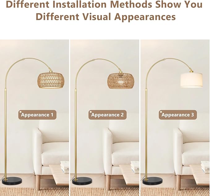 Gold Floor Lamps for Living Room, Arc Floor Lamp with Remote & Dimmable Bulb, Boho Rattan Standing lamp with 3 Color Temperatures, Height Adjustable Tall Lamp for Bedroom, Over Couch Reading Lamp - LeafyLoom
