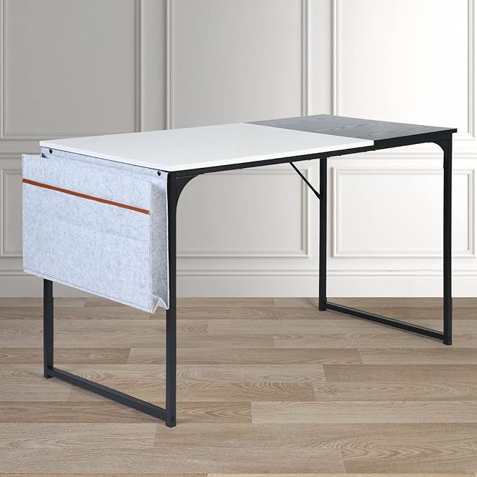 47 inch Study Storage Bag Space Saving for Home Office, Modern Simple Style PC Metal Frame Computer Desk, Writing Table, Black, White - LeafyLoom