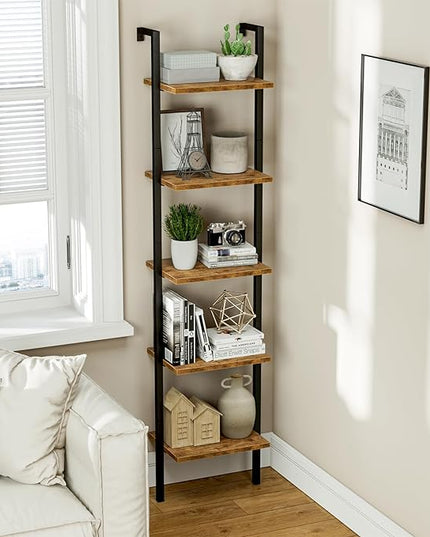 NUMENN Industrial Ladder Shelf, 5 Tier Book Shelf, Open Space Wall Mount Bookshelf with Metal Frame, Sturdy Book Shelves, Bookcase for Living Room, Vintage Brown - LeafyLoom