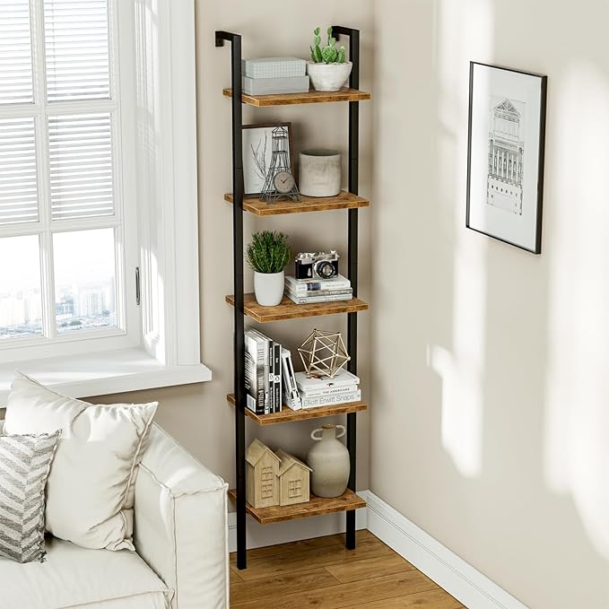 NUMENN Industrial Ladder Shelf, 5 Tier Book Shelf, Open Space Wall Mount Bookshelf with Metal Frame, Sturdy Book Shelves, Bookcase for Living Room, Vintage Brown - LeafyLoom