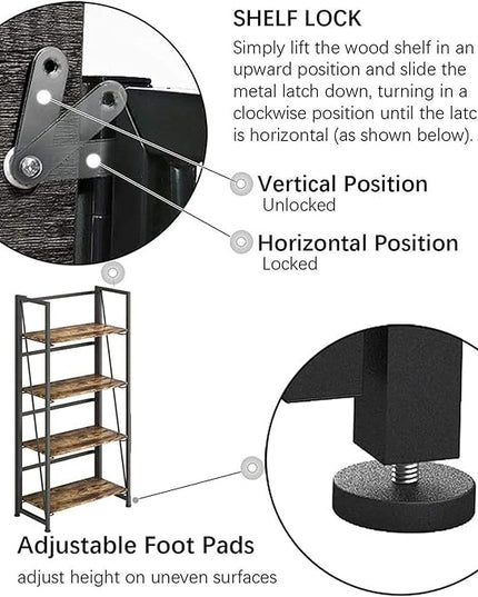 No-Assembly Folding Bookshelf Storage Shelves 4 Tiers Vintage Multifunctional Plant Flower Stand Storage Rack Shelves Bookcase for Home Office (Fire Board) - LeafyLoom