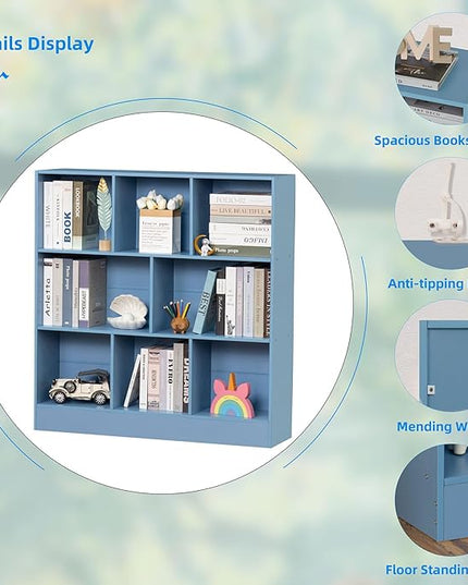 YAHARBO 3 Tier Bookshelf,Wide Kids Horizontal Bookcase,8 Cube Blue Book Shelf,Large Display Toy Storage Cabinet with Base,Floor Standing Modern Bookcases Organizer for Bedroom,Nursery,Playroom - LeafyLoom