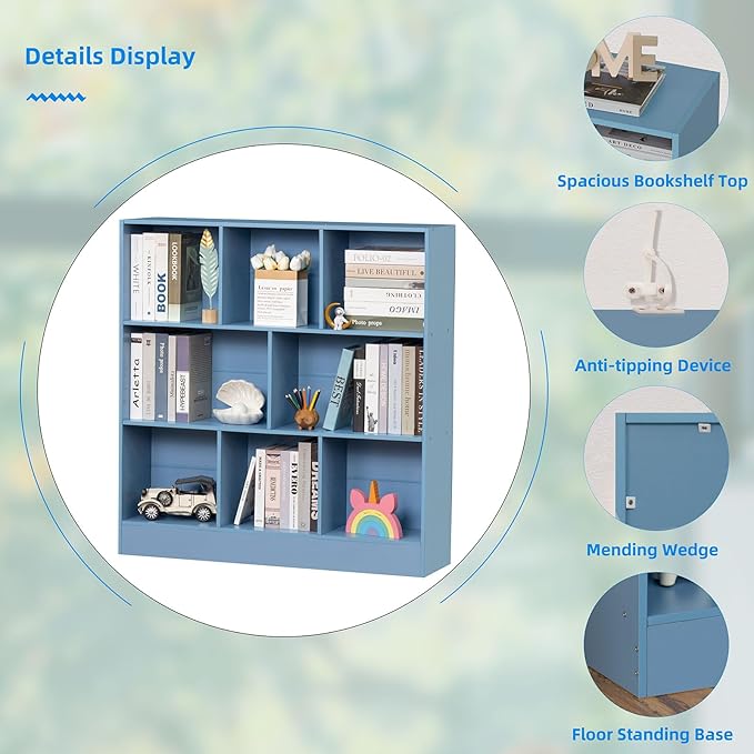YAHARBO 3 Tier Bookshelf,Wide Kids Horizontal Bookcase,8 Cube Blue Book Shelf,Large Display Toy Storage Cabinet with Base,Floor Standing Modern Bookcases Organizer for Bedroom,Nursery,Playroom - LeafyLoom