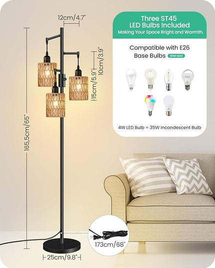 Dimmable Floor Lamp, Farmhouse Tall Standing Tree Lamp with 3 Rope Woven Lampshades, Boho Rattan Floor Lights, 4W 3 LED Bulbs Included, for Living Room, Bedroom, Study, Office B03LD05 - LeafyLoom