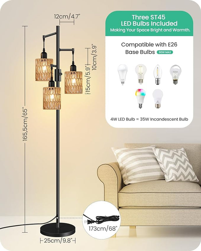 Dimmable Floor Lamp, Farmhouse Tall Standing Tree Lamp with 3 Rope Woven Lampshades, Boho Rattan Floor Lights, 4W 3 LED Bulbs Included, for Living Room, Bedroom, Study, Office B03LD05 - LeafyLoom