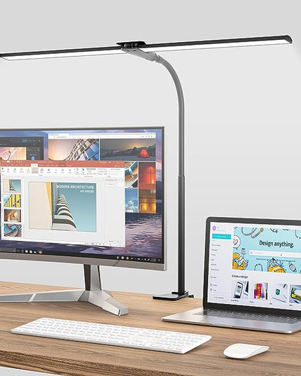 LED Desk Lamp for Home Office,Bright Double Head Desk Lamp with Clamp,Dimmable 5 Color Modes Desk Lighting,12W Eye-Caring Architect Table Lamp for Workbench,Monitor,Reading,Study,1400lm - LeafyLoom
