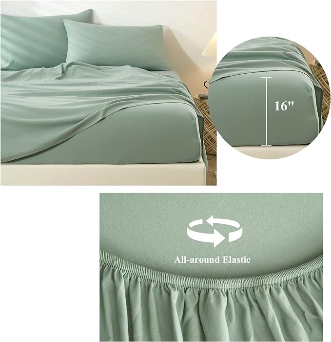 HighBuy Twin Bed Sheets Set - 3 Piece Bedding - Sage Green Washed Microfiber Sheets Twin,Breathale Sheets Shrinkage and Fade Resistant - Deep Pocket 16 Inch - Easy Fit Fitted Sheet,Pillowcases Set - LeafyLoom