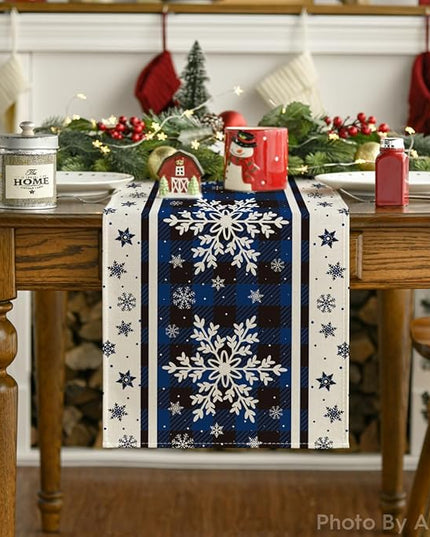 Artoid Mode Buffalo Plaid Snowflakes Blue Christmas Table Runner, Seasonal Winter Kitchen Dining Table Decoration for Home Party Decor 13x48 Inch ArtoidMode