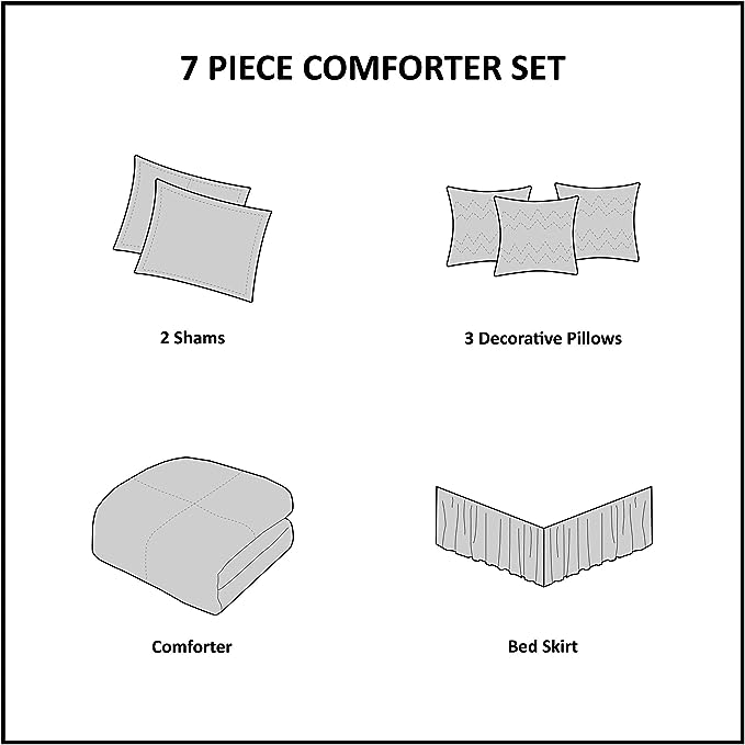 Madison Park Cozy Comforter Set Casual Blocks Design All Season, Matching Bed Skirt, Decorative Pillows, Full(82"x90"), Dune Suede, Black Grey, 7 Piece - LeafyLoom