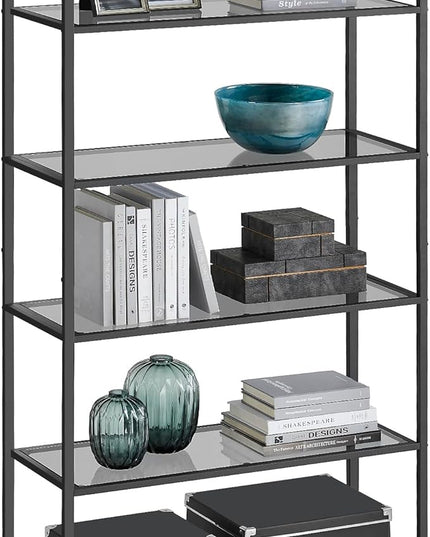 VASAGLE Bookcase, 6-Tier Bookshelf, Slim Shelving Unit for Bedroom, Bathroom, Home Office, Tempered Glass, Steel Frame, Ink Black and Slate Gray ULGT503G01 - LeafyLoom
