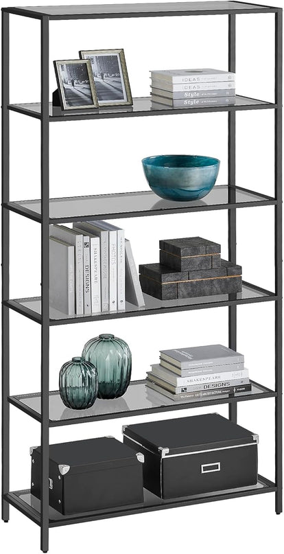 VASAGLE Bookcase, 6-Tier Bookshelf, Slim Shelving Unit for Bedroom, Bathroom, Home Office, Tempered Glass, Steel Frame, Ink Black and Slate Gray ULGT503G01 - LeafyLoom