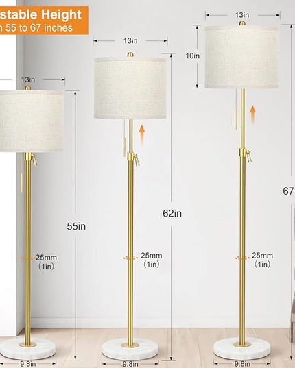 Modern Floor Lamp for Living Room, Adjustable Height Standing Lamp with Marble Base, Gold Tall Pole Light with Linen Shade for Reading Bedroom, Chain Switch, 8W 3-Way Dimmable Bulb Included - LeafyLoom