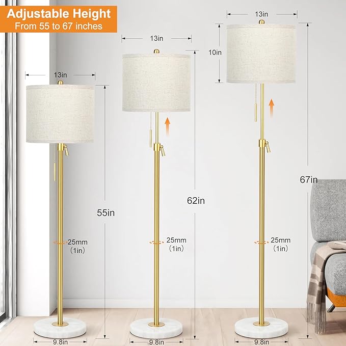 Modern Floor Lamp for Living Room, Adjustable Height Standing Lamp with Marble Base, Gold Tall Pole Light with Linen Shade for Reading Bedroom, Chain Switch, 8W 3-Way Dimmable Bulb Included - LeafyLoom