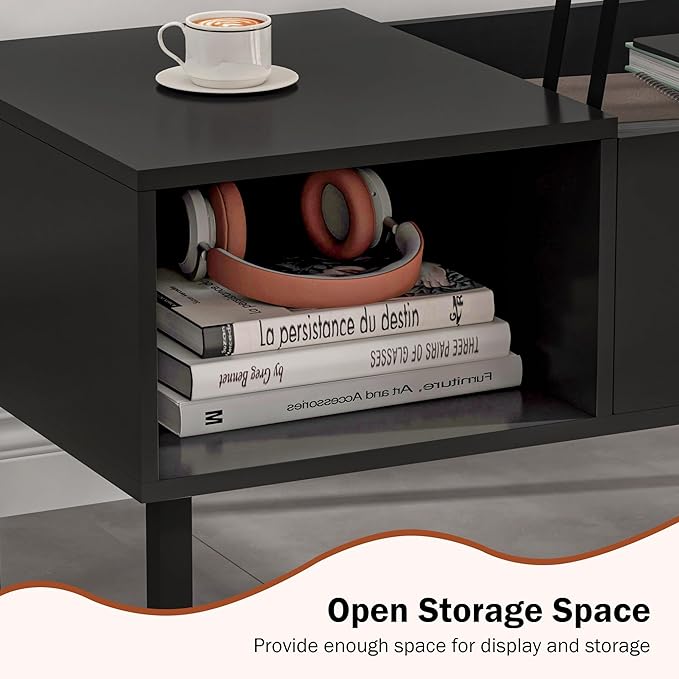 Lift Top Coffee Table with Storage, Black Modern Coffee Table for Living Room & Small Space, Wood Lifting Top Coffee Table with Adjustable Metal Legs - LeafyLoom