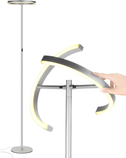 Brightech Halo Split Floor Lamp, Modern Bright LED Torchiere Floor Lamp for Offices - Dimmable, Tall Standing Lamp for Living Room or Bedroom - Adjustable Light w/Rotating Angles - Platinum Silver - LeafyLoom