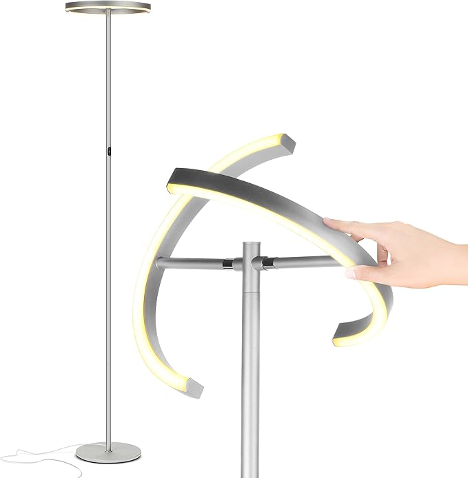 Brightech Halo Split Floor Lamp, Modern Bright LED Torchiere Floor Lamp for Offices - Dimmable, Tall Standing Lamp for Living Room or Bedroom - Adjustable Light w/Rotating Angles - Platinum Silver - LeafyLoom