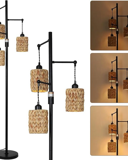 Rattan Floor Lamp, 3-Lights Boho Floor Lamp with Stepless Dimmer, Farmhouse Rustic Floor Lamps for Living Room, Tall Floor Lamp with Rattan Shades, Dimmable Standing Lamp for Bedroom - LeafyLoom