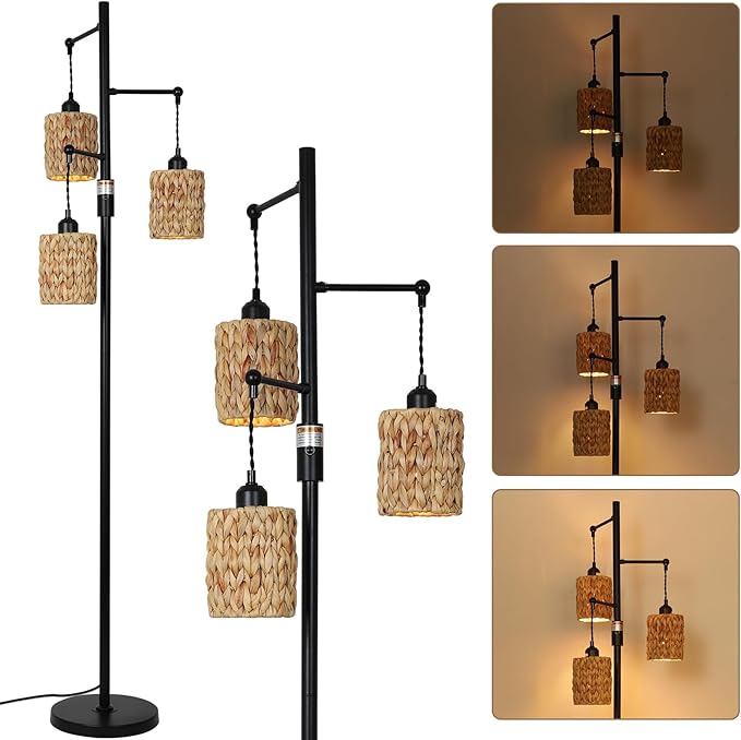 Rattan Floor Lamp, 3-Lights Boho Floor Lamp with Stepless Dimmer, Farmhouse Rustic Floor Lamps for Living Room, Tall Floor Lamp with Rattan Shades, Dimmable Standing Lamp for Bedroom - LeafyLoom