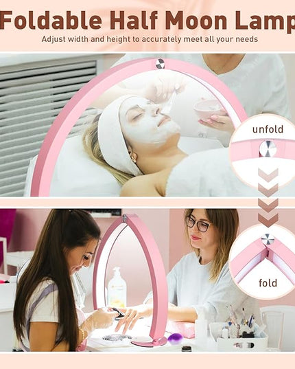 HITTI Half Moon Light for Nail Desk with Phone Holder, Foldable Nail Tech Light, Lash Table Lamp with Wire Controller & Remote, 7 Color Modes 10 Brightness for Extension Tattoo Craft Beauty - Pink - LeafyLoom