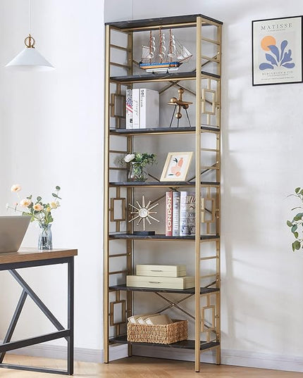 HOMISSUE Bookcase,7-Tier Tall Bookshelf Metal Bookcase and Bookshelves, Free Standing Storage Modern Bookshelf for Home Office Living Room and Bedroom, Black & Gold - LeafyLoom