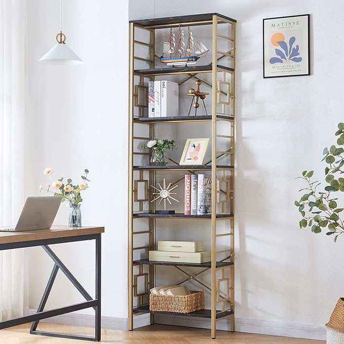 HOMISSUE Bookcase,7-Tier Tall Bookshelf Metal Bookcase and Bookshelves, Free Standing Storage Modern Bookshelf for Home Office Living Room and Bedroom, Black & Gold - LeafyLoom