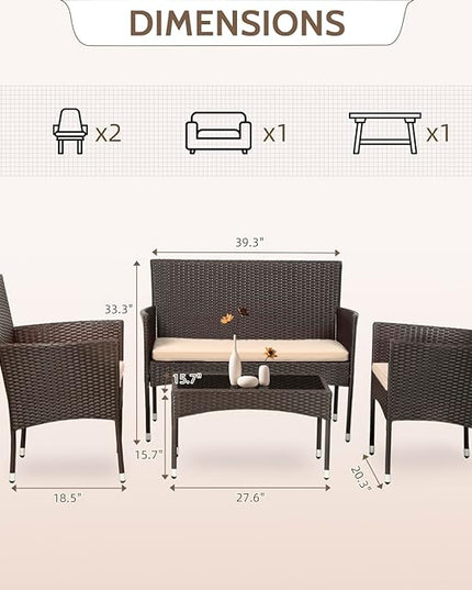 FDW Patio Furniture Set 4 Pieces Outdoor Rattan Chair Wicker Sofa Garden Conversation Bistro Sets for Yard (Brown) - LeafyLoom
