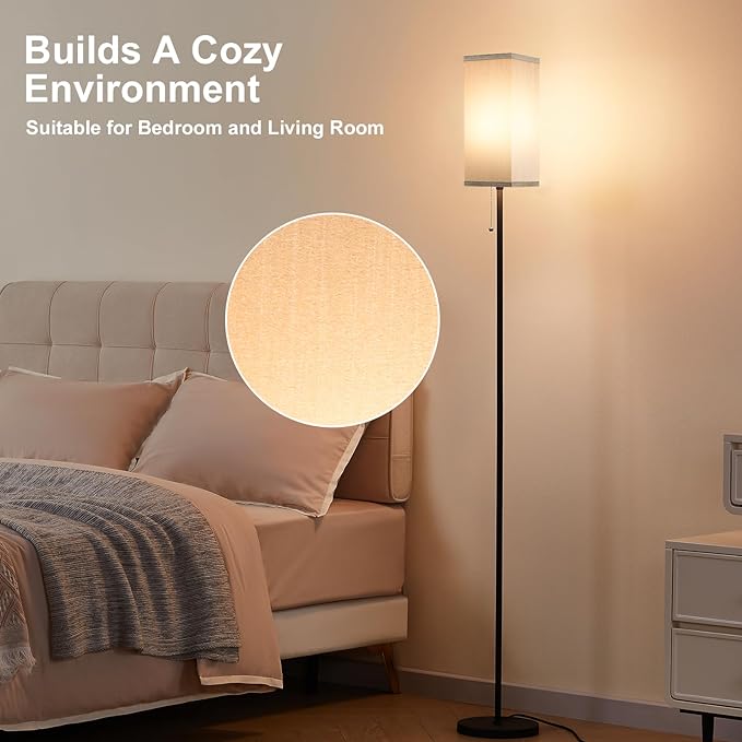 Grey Floor Lamp for Bedroom Modern - 3 Color Temperature Black Standing Lamps with Pull Chain Switch, Tall Lamp for Office Home Nursery and Hotel, Pole Lamp for Reading - LeafyLoom