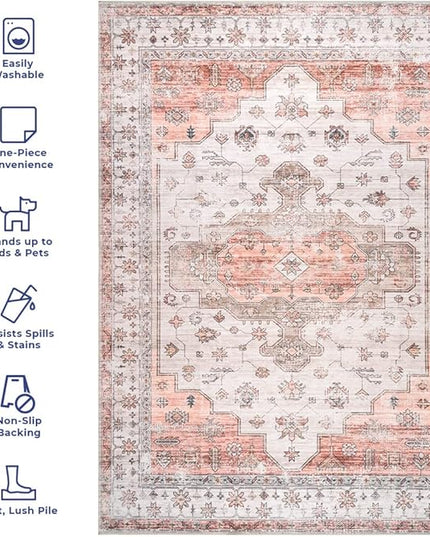 nuLOOM 2x12 Machine Washable Rain Haven Vintage Medallion Area Rug, Beige, Traditional Faded Design, Non-Slip Backing, Stain Resistant, For Bedroom, Dining Room, Living Room, Kitchen - LeafyLoom