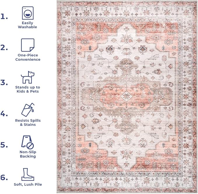 nuLOOM 2x12 Machine Washable Rain Haven Vintage Medallion Area Rug, Beige, Traditional Faded Design, Non-Slip Backing, Stain Resistant, For Bedroom, Dining Room, Living Room, Kitchen - LeafyLoom