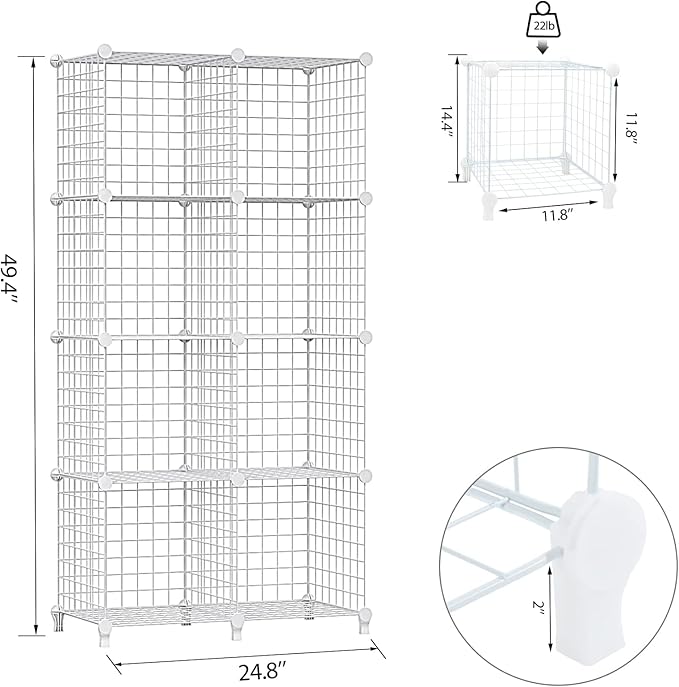 Wolizom Wire Cube Storage, Metal Grids Shelves Bookshelf, Stackable Modular Shelving Organizer, DIY Closet Bookcase Bookshelf, Grid Storage Shelf for Bedroom, Living Room, Office (White, 8 Cube) - LeafyLoom