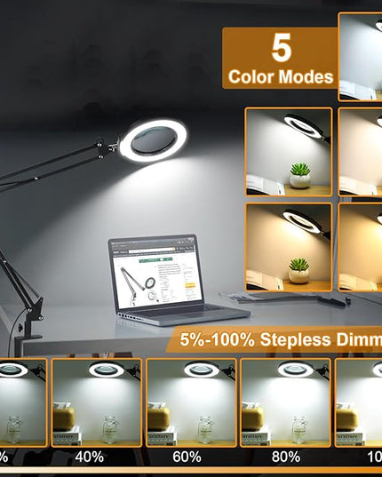 8X Large Magnifying Glass with Light and Stand, KRSTLV 2 x 16 Inch Swivel Arm LED Desk Lamp with Clamp, 5 Color Modes Stepless Dimmable Lighted Magnifier Hands Free for Close Work, Craft, Hobby, Black - LeafyLoom