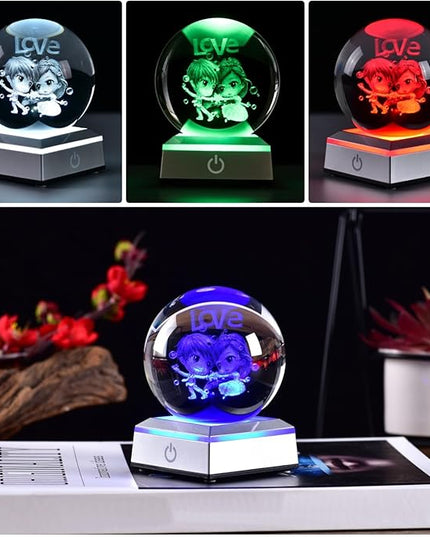 3D Crystal Ball Lovers Model, with Led Lamp Stand, 3.15'' Sweet Couple Glass Ball Decor, Engraved Crystal Sphere with Gift Box, 6 Color Light, Romantic Gifts for Kids Friends Birthday - LeafyLoom