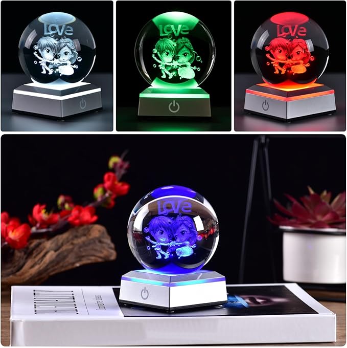 3D Crystal Ball Lovers Model, with Led Lamp Stand, 3.15'' Sweet Couple Glass Ball Decor, Engraved Crystal Sphere with Gift Box, 6 Color Light, Romantic Gifts for Kids Friends Birthday - LeafyLoom