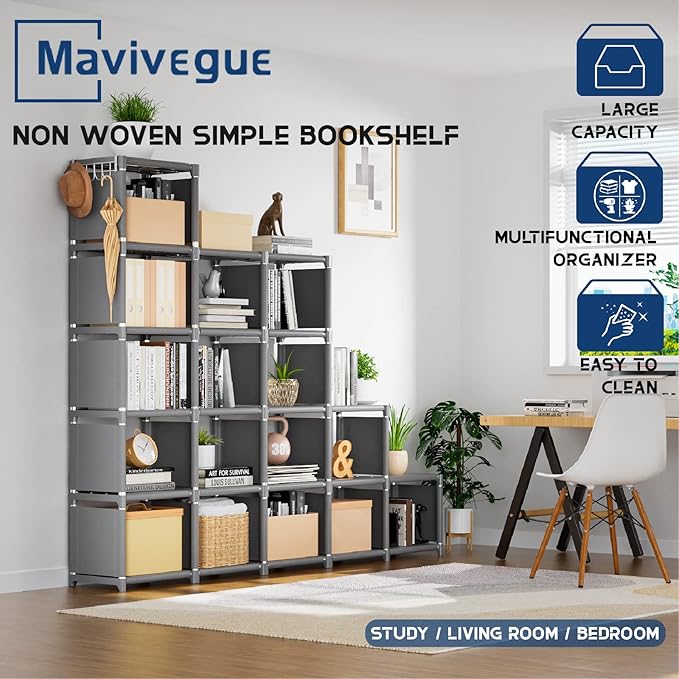 Mavivegue Bookshelf,18 Cube Storage Organizer,Extra Large Book Shelf Organizer,Tall Bookcase Shelf,Book Cases/Shelves,Grey Cube Shelf,Cubbies Closet Shelves for Bedroom,Living Room,Home,Office - LeafyLoom