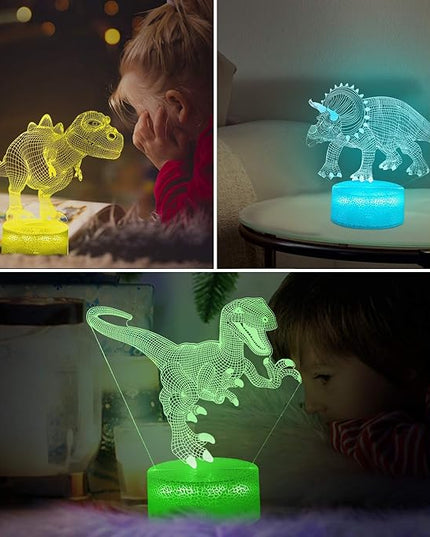 VSATEN Dinosaur Night Light for Kids, 3D Illusion Lamp 3-Pattern & 16 Colors Changing LED Dino Nightlight with Smart Touch & Remote Control, Dinosaur Gifts for Boys Girls Age 4 5 6+ Year Old - LeafyLoom
