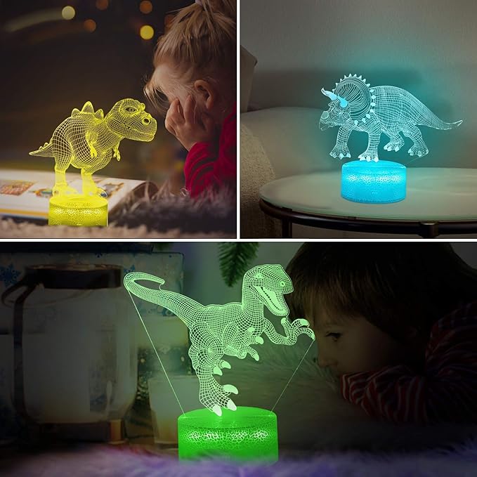 VSATEN Dinosaur Night Light for Kids, 3D Illusion Lamp 3-Pattern & 16 Colors Changing LED Dino Nightlight with Smart Touch & Remote Control, Dinosaur Gifts for Boys Girls Age 4 5 6+ Year Old - LeafyLoom