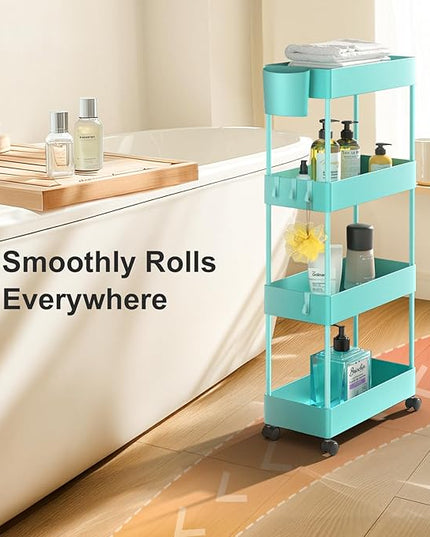 Pipishell Slim Storage Cart with Wheels, 4 Tier Bathroom Storage Organizer Rolling Utility Cart for Bathroom Kitchen Laundry Room Office Narrow Place (Turquoise) - LeafyLoom
