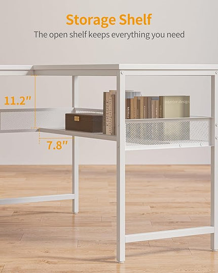 BANTI L Shaped Desk with Power Outlets, Computer Desk with Drawer, Reversible Corner Desk with Grid Storage Bookshelf, Home Office Desk, White - LeafyLoom