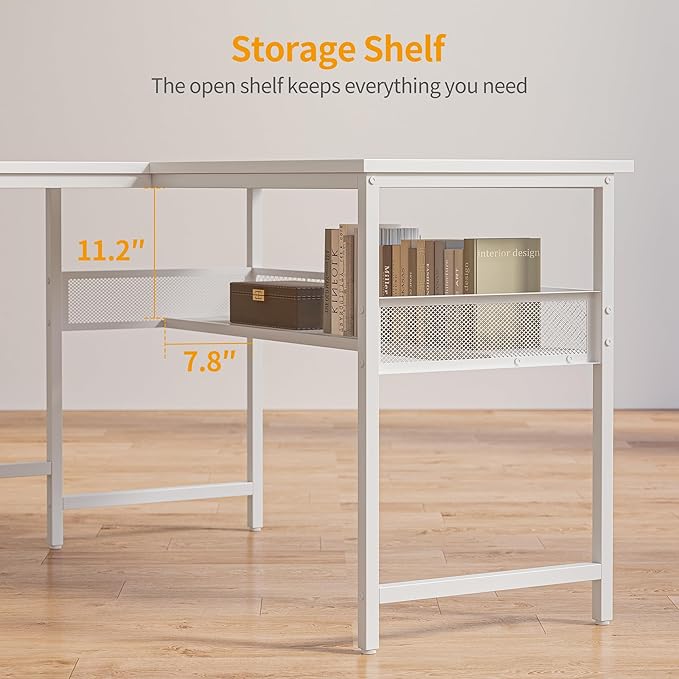 BANTI L Shaped Desk with Power Outlets, Computer Desk with Drawer, Reversible Corner Desk with Grid Storage Bookshelf, Home Office Desk, White - LeafyLoom