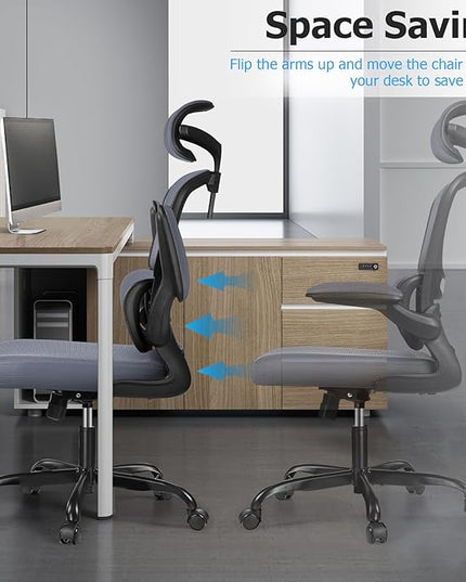 Ergonomic Office Chair, High Back Mesh Desk Chair with Lumbar Support and Adjustable Headrest, Computer Gaming Chair with Flip-up Armrests, Executive Swivel Chair for Home Office (DarkGray) - LeafyLoom