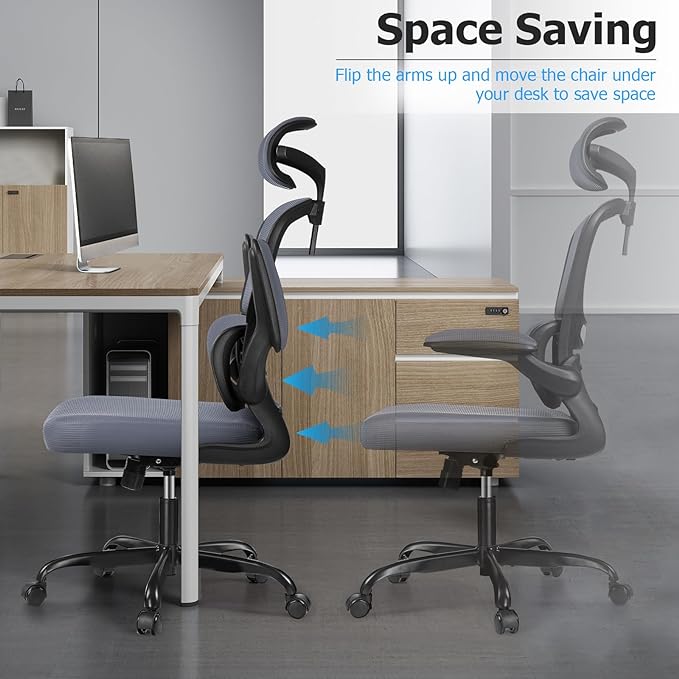 Ergonomic Office Chair, High Back Mesh Desk Chair with Lumbar Support and Adjustable Headrest, Computer Gaming Chair with Flip-up Armrests, Executive Swivel Chair for Home Office (DarkGray) - LeafyLoom