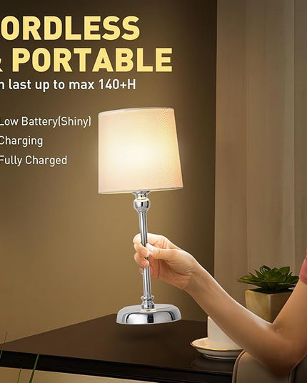 Cordless LED Table Lamp, 6000mAh Rechargeable Bedside Night Lamp for Bedroom, Portable Touch Stepless Dimmable Battery Operated Lamp, Ambient Light for Patio Restaurant(Chrome H) - LeafyLoom